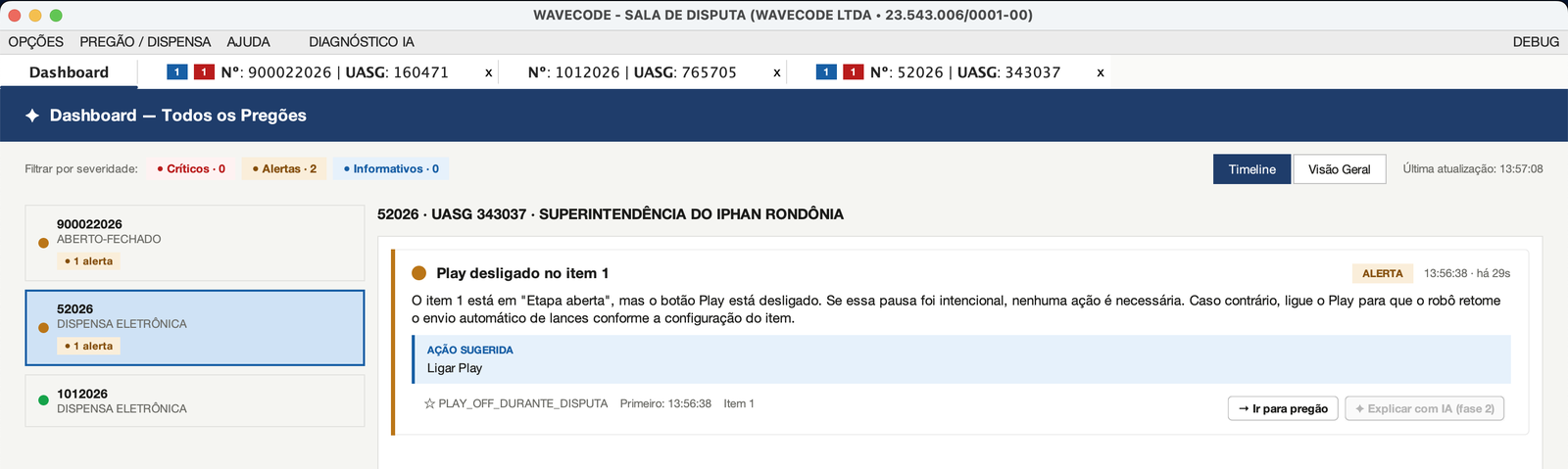 Dashboard com a Timeline de alertas destacando 'Play desligado no item 1'
