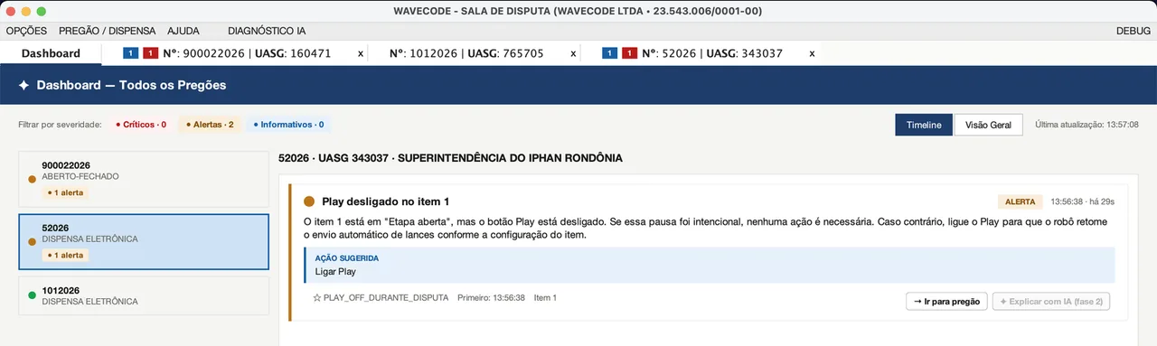 Dashboard com a Timeline de alertas destacando 'Play desligado no item 1'
