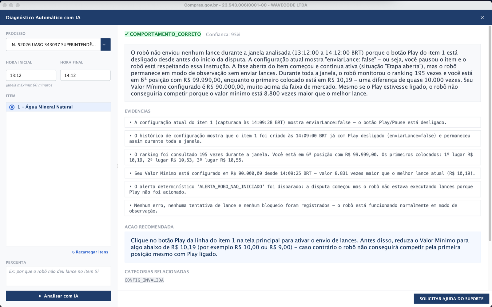 Tela de Diagnóstico Automático com IA explicando o comportamento do robô