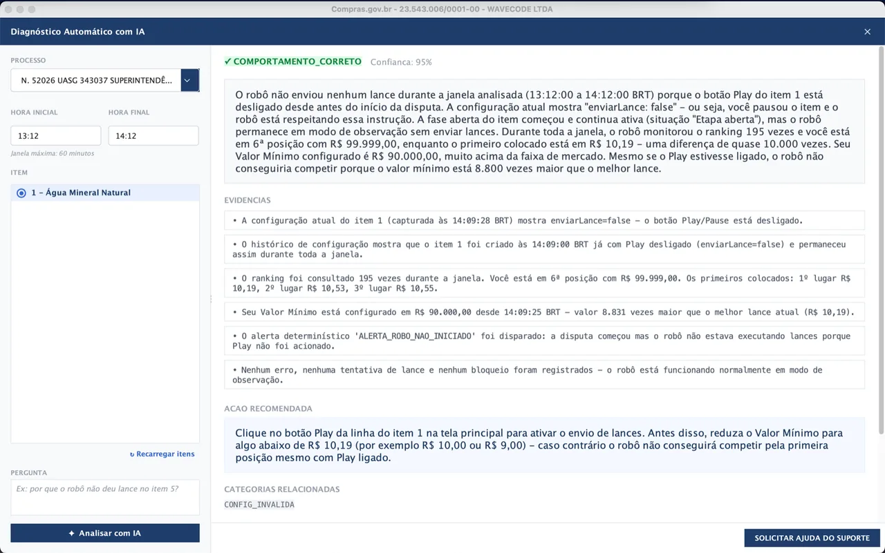 Tela de Diagnóstico Automático com IA explicando o comportamento do robô