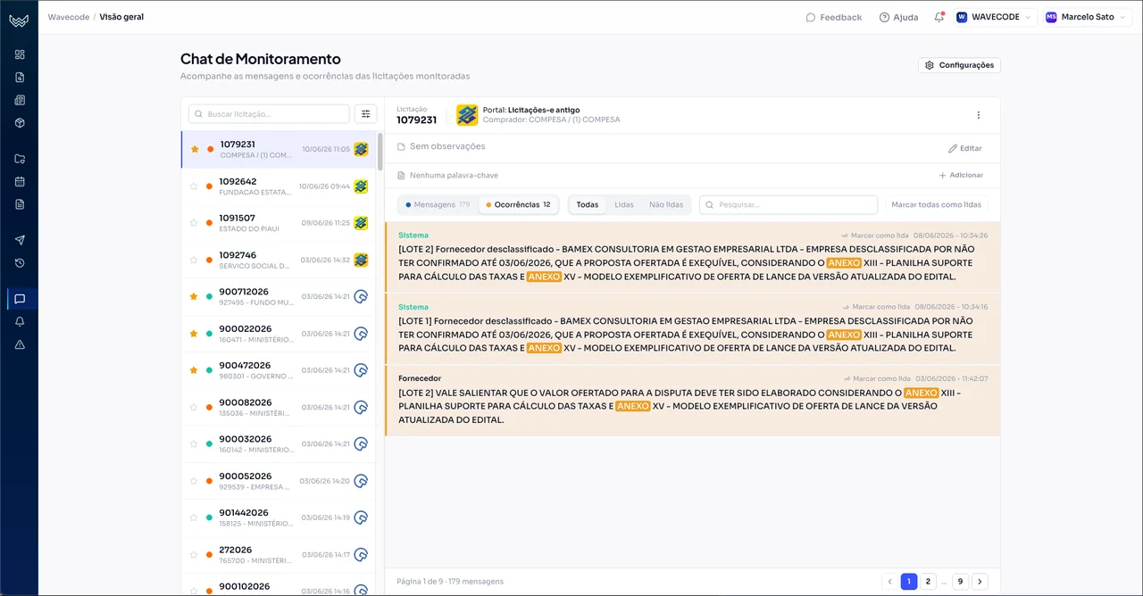 Chat de Monitoramento com as mensagens filtradas por ocorrências em destaque