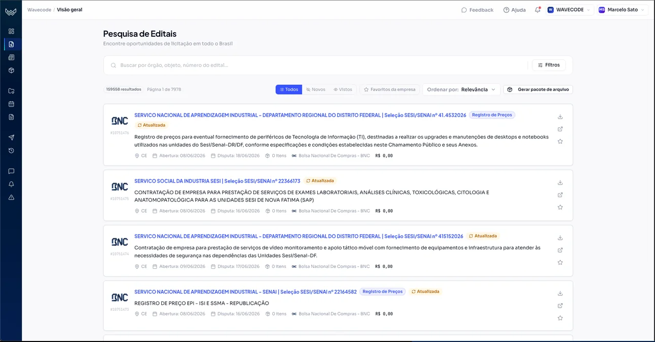 Tela de Pesquisa de Editais com oportunidades filtradas