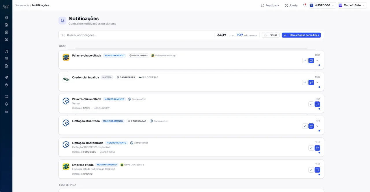 Central de Notificações do monitoramento com alertas em tempo real